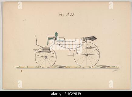 Entwurf für Vis-à-vis/ Barouche, Nr. 463 1850–70 Brewster & Co. American Brewster & Company HistorieBrewster & Company wurde 1810 von James Brewster (1788–1866) in New Haven, Connecticut, gegründet und spezialisierte sich auf die Herstellung von feinen Wagen. Der Gründer eröffnete 1827 einen New Yorker Showroom in der 53-54 Broad Street, und das Unternehmen florierte unter Generationen der Familienführung. Die Expansion erforderte Umzüge in Lower Manhattan, wobei Namensänderungen die Veränderungen des Managements widerspiegeln – James Brewster & Sons operierte an der 25 Canal Street, James Brewster Sons am 396 Broadway und Brewster von Broome Stre Stockfoto