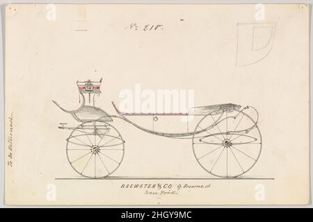 Entwurf für Vis-à-vis/ Barouche, Nr. 210 1850–70 Brewster & Co. American Brewster & Company HistorieBrewster & Company wurde 1810 von James Brewster (1788–1866) in New Haven, Connecticut, gegründet und spezialisierte sich auf die Herstellung von feinen Wagen. Der Gründer eröffnete 1827 einen New Yorker Showroom in der 53-54 Broad Street, und das Unternehmen florierte unter Generationen der Familienführung. Die Expansion erforderte Umzüge in Lower Manhattan, wobei Namensänderungen die Veränderungen des Managements widerspiegeln – James Brewster & Sons operierte an der 25 Canal Street, James Brewster Sons am 396 Broadway und Brewster von Broome Stre Stockfoto