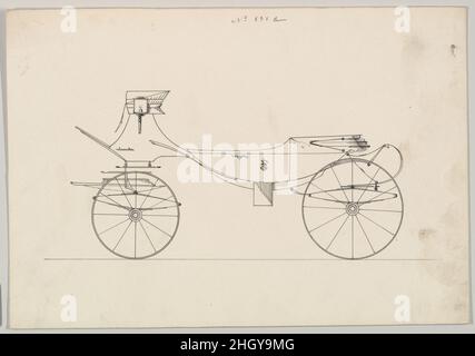 Entwurf für Vis-à-vis/ Barouche, Nr. 838a 1850–70 Brewster & Co. American Brewster & Company HistorieBrewster & Company wurde 1810 von James Brewster (1788–1866) in New Haven, Connecticut, gegründet und spezialisierte sich auf die Herstellung von feinen Wagen. Der Gründer eröffnete 1827 einen New Yorker Showroom in der 53-54 Broad Street, und das Unternehmen florierte unter Generationen der Familienführung. Die Expansion erforderte Umzüge in Lower Manhattan, wobei Namensänderungen die Veränderungen des Managements widerspiegeln – James Brewster & Sons operierte an der 25 Canal Street, James Brewster Sons am 396 Broadway und Brewster von Broome Str. Stockfoto