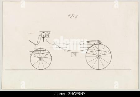 Entwurf für Vis-à-vis/ Barouche, Nr. 757 1850–70 Brewster & Co. American Brewster & Company HistorieBrewster & Company wurde 1810 von James Brewster (1788–1866) in New Haven, Connecticut, gegründet und spezialisierte sich auf die Herstellung von feinen Wagen. Der Gründer eröffnete 1827 einen New Yorker Showroom in der 53-54 Broad Street, und das Unternehmen florierte unter Generationen der Familienführung. Die Expansion erforderte Umzüge in Lower Manhattan, wobei Namensänderungen die Veränderungen des Managements widerspiegeln – James Brewster & Sons operierte an der 25 Canal Street, James Brewster Sons am 396 Broadway und Brewster von Broome Stre Stockfoto