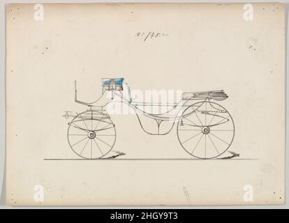 Entwurf für Vis-à-vis/ Barouche, Nr. 745A 1850–70 Brewster & Co. American Brewster & Company HistorieBrewster & Company wurde 1810 von James Brewster (1788–1866) in New Haven, Connecticut, gegründet und spezialisierte sich auf die Herstellung von feinen Wagen. Der Gründer eröffnete 1827 einen New Yorker Showroom in der 53-54 Broad Street, und das Unternehmen florierte unter Generationen der Familienführung. Die Expansion erforderte Umzüge in Lower Manhattan, wobei Namensänderungen die Veränderungen des Managements widerspiegeln – James Brewster & Sons operierte an der 25 Canal Street, James Brewster Sons am 396 Broadway und Brewster von Broome Str. Stockfoto