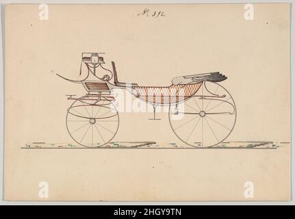 Entwurf für Vis-à-vis/ Barouche, Nr. 392 1850–70 Brewster & Co. American Brewster & Company HistorieBrewster & Company wurde 1810 von James Brewster (1788–1866) in New Haven, Connecticut, gegründet und spezialisierte sich auf die Herstellung von feinen Wagen. Der Gründer eröffnete 1827 einen New Yorker Showroom in der 53-54 Broad Street, und das Unternehmen florierte unter Generationen der Familienführung. Die Expansion erforderte Umzüge in Lower Manhattan, wobei Namensänderungen die Veränderungen des Managements widerspiegeln – James Brewster & Sons operierte an der 25 Canal Street, James Brewster Sons am 396 Broadway und Brewster von Broome Stre Stockfoto