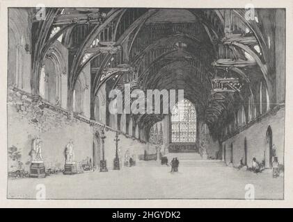 Das Innere der Westminster Hall 1885–1916 Tony Beltrand Lepère machte diesen Druck, um einen Artikel über die Explosionen zu begleiten, die von der irischen Republikanischen Bruderschaft, bekannt als Fenian-Dynamitkampagne, am 24. Januar 1885 in London inszeniert wurden und eine Woche später in Le Monde Illustré veröffentlicht wurden. Die Beschriftung in der Zeitschrift stellt fest, dass Lepère seine Holzstiche auf Fotografien basierte, die eindeutig vor den Bombenanschlägen entstanden sind. Lepère war ab 1881 Hauptzeichner von Le Monde Illustré und beschäftigte Tony Beltrand (1847–1904), Eugène Dété (1848–1922) und Frédéric Florian (1858–1904) in seiner Werkstatt bei Stockfoto