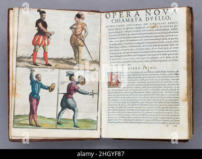 Arte dell'Armi di Achille Marozzo Bolognese (die Kunst der Waffen, von Achille Marozzo von Bologna) vom 1568 Achille Marozzo Veröffentlicht nach Marozzos Tod, der Text, mit einigen Änderungen, um Änderungen in den Kampfstile zu reflektieren, bleibt im Wesentlichen der der Oper Nova von 1536. Die ursprünglichen Holzschnitte wurden durch Stiche von Giovanni Battista Fontana (1524–1587) und Giulio Fontana (d. L 1569, S. Giulio Fontana hat der Ausgabe 1568, die Don Giovanni Manriche, Camerieri di S. M. Cesarea, gewidmet ist, ein neues Vorwort hinzugefügt, das sich vermutlich auf Juan Manrique, den Kämmerer von Elizabeth Valois (1545–1, bezieht Stockfoto