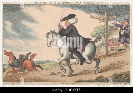 Wie man ein Pferd auf drei Beinen reitet 11. Juni 1808 Thomas Rowlandson. Wie man ein Pferd auf drei Beinen reitet. Akademie für Erwachsene Reiter und Annals of Horsemanship. Nach Henry William Bunbury (British, Mildenhall, Suffolk 1750–1811 Keswick, Cumberland). 11. Juni 1808. Handkolorierte Radierung. Thomas Tegg (Großbritannien, 1776–1846). Ausdrucke Stockfoto