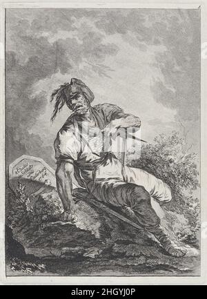 Soldier Seated on a Rock 1764 Matthias Pfenninger dieser Druck stammt aus einer Serie von "Acht Soldatenstudien" (2018.54.1-.8), die Loutherbourg während seiner Pariser Jahre 1755–71 entworfen hat. Während er selbst ein versierter Grafiker war, übergab Loutherbourg hier die Radierung an den Zürcher Matthias Pfenninger, der dann in Paris studierte. Die Bilder zeigen Bewunderung für den italienischen Grafiker aus dem 17th. Jahrhundert, Salvator Rosa. Soldat auf einem Felsen sitzend. Acht Soldatenstudien. Nach Philippe Jacques de Loutherbourg (Französisch, Straßburg 1740–1812 London). 1764. Radierung. Ausdrucke Stockfoto