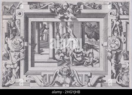 Medea kills her Two Children von Jason (Pour qui d'Absyrte a le sang repandu, fait que du sien le tort lui soit rendu...) 1563 René Boyvin Platte 25 von 26: Eine klassische Kulisse, in der Medea ihre eigenen Kinder erschlugt; eine der Erinyes im rechten Vordergrund hockend; Jason im linken Hintergrund; umgeben von einem Rahmen mit Scrollwork, fantastischen Kreaturen, Früchten, Hunden und geflügelten Putti. Eine der Illustrationen zum Livre de la Conqueste de la Toison d'Or, die 1563 in Paris veröffentlicht und von René Boyvin nach Zeichnungen von Léonard Thiry gestochen wurden. Jason, der berühmte Held der Antike, setzt Stockfoto