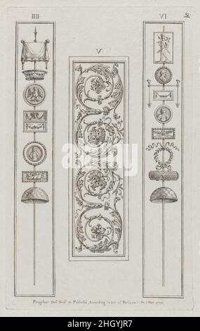 Ornamenttafeln, Nr. IIII–VI ('Entwürfe für verschiedene Ornamente', pl. 2) 1. Mai 1777 Michelangelo Pergolesi Diese Entwürfe für Ornamentplatten, nummeriert von IIII bis VI, umfassen Standards links und rechts und Akanthas-Blätter in der Mitte. Der Druck stammt aus einer Gruppe von Drucken, die Pergolesi zwischen 1777 und 1792 in London seriell angefertigt und veröffentlicht hat. Es gibt keine Titelseite, sondern einen Prospekt von ca. 1786 beschrieb die Gruppe wie folgt: „eine große Vielfalt an Originaldesigns von Vasen, Figuren, Medaillons, Friesen, Pilastern, Tafeln und andere Ornamente, im etruskischen und grotesken Stil." Das komplette Set CO Stockfoto