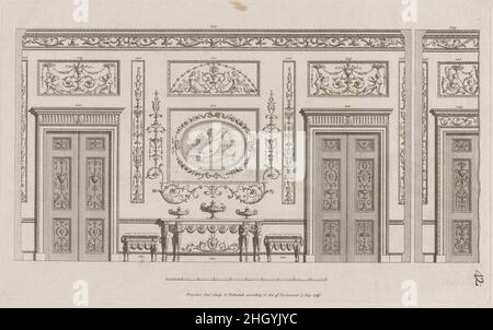 Innenwand mit Türen, Nr. 228–239 („Entwürfe für verschiedene Ornamente“, pl. 42) 17. Juli 1791 Michelangelo Pergolesi Diese Entwürfe für eine Innenwand mit Türen und einer zentralen Tafel mit Amor, der einen Kranz hält, sind 228-239 nummeriert. Der Druck stammt von einer Gruppe, die Pergolesi zwischen 1777 und 1792 in London seriell machte und veröffentlichte. Es gibt keine Titelseite, sondern einen Prospekt von ca. 1786 beschrieb die Gruppe wie folgt: „eine große Vielfalt an Originaldesigns von Vasen, Figuren, Medaillons, Friesen, Pilastern, Tafeln und andere Ornamente, im etruskischen und grotesken Stil." Die vollständigen en Stockfoto