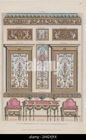 Innenwand mit Ornamenten, Nr. CCCCLXIX–CCCCLXXIX („Entwürfe für verschiedene Ornamente“, pl. 70) 1801 nach Michelangelo Pergolesi dieser Entwurf für eine Innenwand, CCCCLXIX bis CCCCLXXIX, wurde 1801 von Dulouchamp veröffentlicht. Letzteres war ein Buchhändler, der Pergolesis Serie von Ornamententwürfen, die zwischen 1777 und 1792 in London veröffentlicht wurden, geerbt und ergänzt hat. Die Serie hat keine Titelseite, sondern einen Prospekt von ca. 1786 beschrieb die Gruppe wie folgt: „eine große Vielfalt an Originaldesigns von Vasen, Figuren, Medaillons, Friesen, Pilastern, Tafeln und andere Ornamente, im etruskischen und grotesken Stil." T Stockfoto