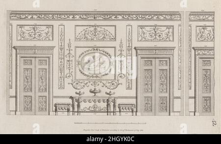 Innenwand mit Türen, Nr. 228–239 („Entwürfe für verschiedene Ornamente“, pl. 42) 17. Juli 1782 Michelangelo Pergolesi Diese Entwürfe für eine Innenwand mit Türen und einer zentralen Tafel mit Amor, der einen Kranz hält, sind 228-239 nummeriert. Der Druck stammt von einer Gruppe, die Pergolesi zwischen 1777 und 1792 in London seriell machte und veröffentlichte. Es gibt keine Titelseite, sondern einen Prospekt von ca. 1786 beschrieb die Gruppe wie folgt: „eine große Vielfalt an Originaldesigns von Vasen, Figuren, Medaillons, Friesen, Pilastern, Tafeln und andere Ornamente, im etruskischen und grotesken Stil." Die vollständigen en Stockfoto