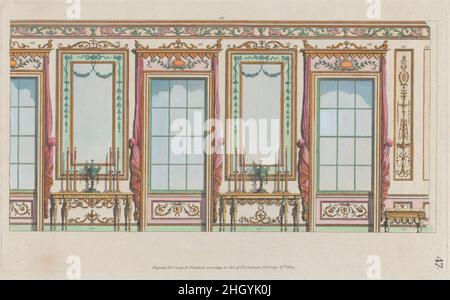 Innenwand mit Fenstern und Pier-Gläsern, Nr. 267–273 („Designs for various ornaments“, pl. 47) 27. Februar 1784 Michelangelo Pergolesi Dieses Design für eine Innenwand umfasst Fenster, Pier Gläser, Pier Tische und Hocker, mit Abschnitten nummeriert 267 bis 273. Der Druck stammt von einer Gruppe, die Pergolesi zwischen 1777 und 1792 in London in Serie veröffentlichte. Es gibt keine Titelseite, sondern einen Prospekt von ca. 1786 beschrieb die Gruppe wie folgt: „eine große Vielfalt an Originaldesigns von Vasen, Figuren, Medaillons, Friesen, Pilastern, Tafeln und andere Ornamente, in der Etrusker und Grote Stockfoto