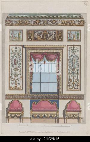 Innenwand mit Fenster und Möbeln, Nr. 411–424 („Entwürfe für verschiedene Ornamente“, pl. 64) 15. Februar 1792 Michelangelo Pergolesi Dieses Design für eine Innenwand umfasst ein Fenster, Vorhänge und Möbel, mit Abschnitten nummeriert 411 bis 424. Der Druck stammt von einer Gruppe, die Pergolesi zwischen 1777 und 1792 in London in Serie veröffentlichte. Es gibt keine Titelseite, sondern einen Prospekt von ca. 1786 beschrieb die Gruppe wie folgt: „eine große Vielfalt an Originaldesigns von Vasen, Figuren, Medaillons, Friesen, Pilastern, Tafeln und andere Ornamente, im etruskischen und grotesken Stil. Stockfoto