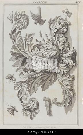 Akanthus Blätter, Vögel und Insekten, nein CCCLXXII ('Designs for various ornaments,' pl. 57) 1. April 1792 Michelangelo Pergolesi Dieses Design, nummeriert CCCLXXII, stellt Akanthus, Vögel und Insekten dar. Der Druck stammt von einer Gruppe, die Pergolesi zwischen 1777 und 1792 in London seriell machte und veröffentlichte. Es gibt keine Titelseite, sondern einen Prospekt von ca. 1786 beschrieb die Gruppe wie folgt: „eine große Vielfalt an Originaldesigns von Vasen, Figuren, Medaillons, Friesen, Pilastern, Tafeln und andere Ornamente, im etruskischen und grotesken Stil." Das komplette Set enthält 67 Platten mit der Nummer 1-66 (zwei sind numbe Stockfoto