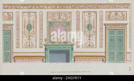 Innenwand mit Türen und Kamin, Nr. 344–350 („Entwürfe für verschiedene Ornamente“, pl. 52) 20. März 1785 Michelangelo Pergolesi Dieses Design für eine Innenwand umfasst Türen, ein Kaminsimchen, Bänke und verzierte Paneele, mit Abschnitten von 344 bis 350 nummeriert. Der Druck stammt von einer Gruppe, die Pergolesi zwischen 1777 und 1792 in London in Serie veröffentlichte. Es gibt keine Titelseite, sondern einen Prospekt von ca. 1786 beschrieb die Gruppe wie folgt: „eine große Vielfalt an Originaldesigns von Vasen, Figuren, Medaillons, Friesen, Pilastern, Tafeln und andere Ornamente, in der Etrusker und Grotesk Stockfoto