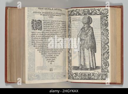 De gli habiti Antichi et moderni di diversi parti del mondo, libri due ... 1590 Cesare Vecellio der Italiener Cesare Vecellio, der vor 1548 in die Werkstatt seines berühmten Cousins Tizian eintrat, war bis 1570 als Verleger tätig. Das Buch enthält 420 Illustrationen von Kostümen (exotisch und heimische) des Holzfällers Christoph Krieger und markiert den Höhepunkt eines Trends, der Mitte des 16. Jahrhunderts mit einer Serie von Kostümgravuren von Enea Vico begann. Der erste Abschnitt seines Buches umfasst europäische Kleidung, einschließlich der osmanischen Türkei, während der kurze Abschnitt über Afrika und Asien das Kostüm von enthält Stockfoto