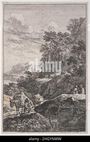 Tafel 1: Ein Bauer, der den HUF seines Maultiers an einem Bach abprüft, aus 'Landschaften in der Art von Salvator Rosa' (die Landschaften in Sal. Rosa) ca. 1700–25 Franz Joachim Beich Deutsch Graue Wäsche auf Hut und Kopf rechts.. Tafel 1: Ein Bauer, der den HUF seines Maultiers an einem Bach abprüft, aus 'Landschaften in der Art von Salvator Rosa' (die Landschaften in Sal. Rosa). 'Landschaften im Stil von Salvator Rosa' (die Landschaften in Sal. Rosa). Franz Joachim Beich (Deutsch, Ravensburg 1665–1745 München). Ca. 1700–25. Ätzen; zweiter Zustand von vier. Jeremias Wolff (Deutsch, 1663–1724). Ausdrucke Stockfoto