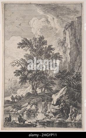 Tafel 3: Zwei Ziegen am Seeufer, zwei männliche Figuren und ein Hund rechts, ein weiterer Bauer nähert sich mit einem Maultier links im Hintergrund, aus 'Landschaften nach Salvator Rosa' (die Landschaften in Sal. Rosa) ca. 1700–25 Franz Joachim Beich. Tafel 3: Zwei Ziegen am Seeufer, zwei männliche Figuren und ein Hund rechts, ein weiterer Bauer nähert sich mit einem Maultier links im Hintergrund, aus 'Landschaften nach Salvator Rosa' (die Landschaften in Sal. Rosa). 'Landschaften im Stil von Salvator Rosa' (die Landschaften in Sal. Rosa). Franz Joachim Beich (Deutsch, Ravensburg 166 Stockfoto