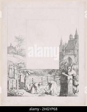 Tafel 5: Frauen, die Pflanzen sammeln und über den Kopf tragen, ein männlicher Zuschauer rechts und ein Schloss rechts im Hintergrund, aus 'Lieder eines Malers mit Randzeichnungen seiner Freunde' 1836 Eduard Julius Friedrich Bendemann. Tafel 5: Frauen sammeln Pflanzen und tragen sie über den Kopf, ein männlicher Zuschauer rechts und ein Schloss rechts im Hintergrund, aus 'Lieder eines Malers mit Randzeichnungen seiner Freunde'. Lieder eines Malers mit Randzeichnungen seiner Freunde. Eduard Julius Friedrich Bendemann (Deutsch, Berlin 1811–1889 Düsseldorf). 1836. Radierung. Ausdrucke Stockfoto