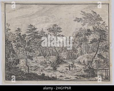 Waldlandschaft mit einem Reiter im Gespräch mit einem Mann in der Mitte, eine Fußgängerbrücke rechts 1716 Peter von Bemmel. Waldlandschaft mit einem Reiter im Gespräch mit einem Mann in der Mitte, eine Fußgängerbrücke rechts. Peter von Bemmel (Deutsch, Nürnberg 1685–1754 Regensburg). 1716. Radierung. H. J. Ostertag (aktiv im 18th. Jahrhundert). Ausdrucke Stockfoto