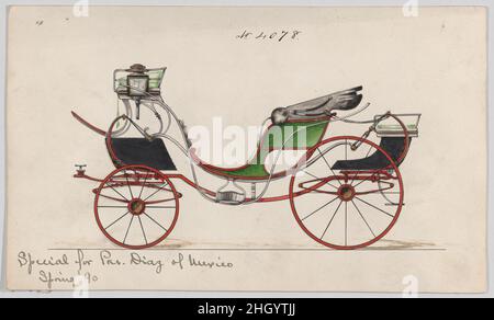 Entwurf für Frühjahr 8 Victoria, Nr. 4078 1890 Brewster & Co. American Brewster & Company HistorieBrewster & Company wurde 1810 von James Brewster (1788–1866) in New Haven, Connecticut, gegründet und spezialisierte sich auf die Herstellung von feinen Wagen. Der Gründer eröffnete 1827 einen New Yorker Showroom in der 53-54 Broad Street, und das Unternehmen florierte unter Generationen der Familienführung. Die Expansion erforderte Umzüge in Lower Manhattan, wobei Namensänderungen die Veränderungen des Managements widerspiegeln – James Brewster & Sons operierte an der 25 Canal Street, James Brewster Sons am 396 Broadway und Brewster an der Broome Street Stockfoto