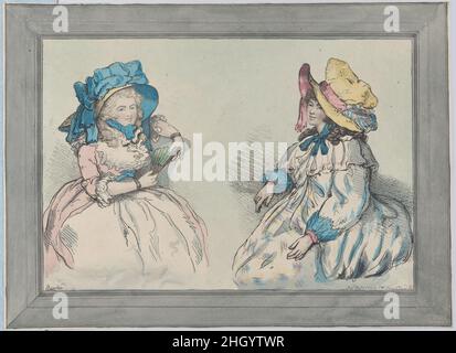 Schönheiten December 1, 1792 Thomas Rowlandson zwei modische junge Frauen sitzen einander gegenüber, eine hellhaarige, die einen Fächer hält, und tragen ein weißes Kleid mit vollem Rand, pinkem Oberhemd, Rüschen am Hals und Armreifen an beiden Handgelenken sowie einen großen Strohhut mit blauen Schleifen. Die Figur rechts hat dunkles Haar und trägt ein lockeres Kleid mit einem Floppy-Kragen, tiefen dekorativen Manschetten und einem übergroßen Hut im Mobcap-Stil. Schönheiten. Thomas Rowlandson (British, London 1757–1827 London). 1. Dezember 1792. Handkolorierte Radierung und Stipple-Gravur auf weichem Grund. S. W. Fores (London). Ausdrucke Stockfoto