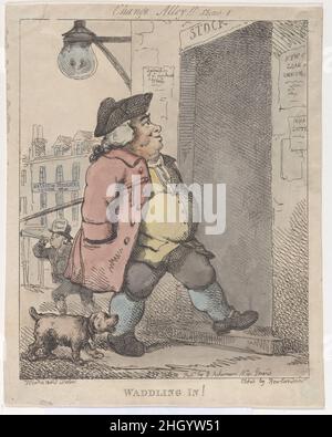 Watschelnd! 1. August 1799 Thomas Rowlandson dieser Druck wurde als Paar mit Wadling Out veröffentlicht! (59.533.626) und gehört zu einer Serie, die Woodward auf Geschäftsleute aus der Stadt konzentriert. Hier geht ein Mann auf die Börse (gekennzeichnet durch einen Schriftzug über der Tür), auf der rechten Seite stehen Plakate mit der Aufschrift „New Loan Omnium“ und der „Irish Lottery“. Ein Gebäude im Hintergrund beherbergt „Hazard and Goodluck's Lottery Office“, und ein Mann, dessen Hut mit „Great News“ beschriftet ist, bläst eine Trompete. Das Bild deutet auf ein Umfeld hin, das Investoren zu Kreditaufnahme ermutigt. Watschelnd! Nach George Murgatroyd Woodwar Stockfoto