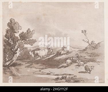 Landschaft mit einer Figur Herden von Rindern zu Wasser 21. Mai 1789 Thomas Rowlandson. Landschaft mit einer Figur Herden Vieh zu Wasser. Imitationen moderner Zeichnungen. Nach Thomas Gainsborough (British, Sudbury 1727–1788 London). 21.Mai 1789. Radierung, Weichschliffen und Aquatinta, gedruckt in brauner Tinte. John Thane (British, London 1748–1818). Ausdrucke Stockfoto