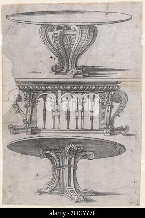 Drei Tischentwürfe 1565–70 Jacques Androuet Du Cerceau. Drei Tischdesigns. Meubles. Jacques Androuet Du Cerceau (Französisch, Paris 1510/12–1585 Annecy). 1565–70. Ätzen. Ausdrucke Stockfoto