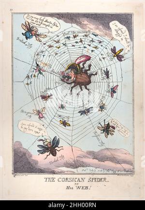 Die korsische Spinne in seinem Netz! 12. Juli 1808 Thomas Rowlandson Woodward und Rowlandson verwenden hier eine Metapher des Konsums, um Napoleon an seiner mächtigsten Stelle zu präsentieren. Im Juli 1808 vollendeten französische Armeen ihre Invasion in Spanien. Das bekannte Profil des Imperators und der gefiederte Bicorne-Hut sind an den Körper einer fetten Spinne angehängt, die mit „grenzenlosen Ehrgeiz“ beschriftet ist. Der Spinnenkaiser sitzt in der Mitte eines großen Netzes und bereitet sich darauf vor, zwei spanische Fliegen zu fressen, die König Karl IV. Und seinen Sohn Ferdinand repräsentieren. Beide mussten abdanken, um den Thron für Napoleons Bruder Joseph Bonaparte zu räumen. Andere verwickelte fli Stockfoto