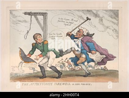 Der liebevolle Abschied, oder Kick for Kick 17. April 1814 Thomas Rowlandson Napoleon steht neben einem gibbet, das lautet: 'Die Insel Elba'. Er sagt: „Votre tres Humbler serviteur Monsieur Tally“. Neben ihm setzt Tallyrand einen heftigen tritt und schwingt seinen Stock, hält ein Papier mit der Aufschrift: 'Abdankung der letzten sterbenden Rede eines Mörders, der dem Teufel den ersten schönen Wind in die Hände zu legen hat' und sagt: 'VA t'en Coquin. Ich werde Eure Krone, Ihr erbärmlichen Vagabunden, knacken.“ Dahinter stehen die Opfer der vielen französischen Kampagnen, eine Reihe von Männern auf Krücken. Der liebevolle Abschied, oder Kick Stockfoto