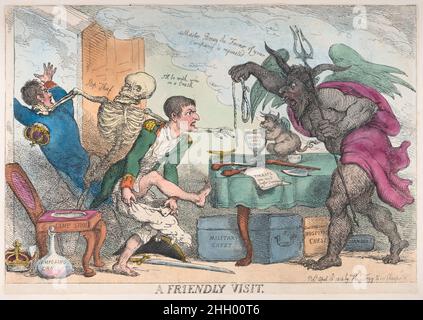 Ein freundlicher Besuch 16. April 1814 Thomas Rowlandson Eine Satire über Napoleons Niederlage, Abdankung und den Ruhestand auf Elba. Ein Teufel nähert sich Napoleon rechts, hält einen Dreizack und eine Schlinge in der Hand und sagt: „Meister Boney, die Gunst deiner Firma wird erbeten.“ Napoleon erhebt sich eilig aus seinem 'Lagerhocker' links, zieht an seinen Hosen und antwortet: 'Ich werde mit dir in einem Riss sein.' Ein Skelett steht hinter ihm und hält Joseph Bonaparte zurück, der durch eine linke Tür zu entkommen versucht, und warnt ihn: 'Stoppt den Dieb.' Ein freundlicher Besuch. Thomas Rowlandson (British, London 1757–1827 London). 16. April 1814. Hand Stockfoto