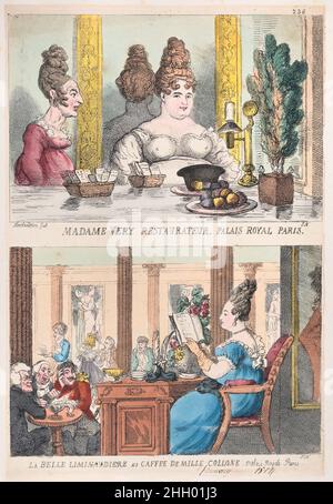 Madame Very Restauranteur, Palais Royal Paris und La Belle Liminaudiere au Caffee De Mille Collone, Palais Royale Paris 1814 Thomas Rowlandson zwei Bilder auf einem Blatt. Oben sitzt eine Frau mit ihren hochgestapelten Haaren an einem Tisch mit einem Spiegel hinter ihr. Vor ihr befinden sich Tabletts, die mit Karten, Obst, einer Pflanze und einer Leselampe gefüllt sind. Unten sitzt eine modisch gekleidete Frau an einem kunstvoll verzierten Stuhl und Tisch und studiert oben eine Broschüre mit der Aufschrift „Paris“. Drei Männer sind von einem Tisch unten links auf sie gesogen. Madame Very Restauranteur, Palais Royal Paris und La Belle Liminaudiere au Caffee De Mill Stockfoto