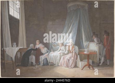 Madame Royale betreut von Doktor Brunier, 24. Januar 1793 um 1793 Jean-Baptiste Mallet Mallet Hier ist eine ergreifende Szene der Inhaftierung der königlichen Familie während des Terrors dargestellt. Der König, Ludwig XVI., war 3 Tage zuvor guillotiniert worden. Der Arzt, der sich um die Kinder der königlichen Familie kümmerte, Pierre Edouard Brunier, besucht das Gefängnis, um sich um den geschwollenen Fuß von Marie-Thérèse, genannt ‘Madame Royale’, zu kümmern Das 14-jährige Mädchen sitzt in der Mitte, weiß gekleidet, mit einer Porträtminiatur ihres Vaters, die an einer Kette um den Hals hängt. Direkt neben ihr sitzt ihre Mutter, die Stockfoto