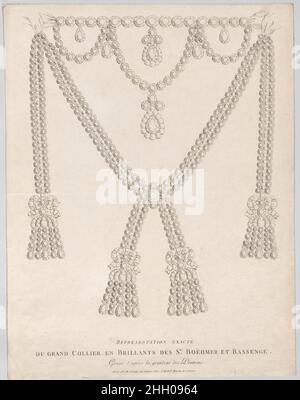 Répresentation Exacte du Grand Collier en Brillants des SRS. Boëhmer et Bassenge ca. 1785 Nicolas Antoine Taunay dieser Druck zeigt eine maßstabsgetreue Darstellung der Diamantkette, die in der sogenannten "Affäre der Halskette" im Zentrum steht, die in den Jahren vor der Französischen Revolution insbesondere die französische Königsfamilie und Königin Marie-Antoinette zum Skandal brachte. Die Halskette war ursprünglich vom französischen König Ludwig XV. Von den Pariser Juwelieren Bassenge et Böhmer für seine Geliebte Madame du Barry (Jeanne Bécu de Cantigny) in Auftrag gegeben worden. Das Design für die Halskette enthielt eine Gesamtmenge Stockfoto