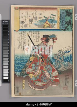 „‘Exile to Suma’ (Suma): Tamaori-hime“, aus der Serie Szenen inmitten von Genji-Wolken, die mit Ukiyo-e-Bildern (Genji-gumo ukiyo e-awase) kombiniert wurden, ca. 1845–61 Utagawa Kuniyoshi die Frau am Strand, in der Hand halberd, ist Tamaori-hime, die Frau von Atsumori, einer heroischen Figur aus dem frühen vierzehnten Jahrhundert epischen Erzählung Geschichte der Heike. Die Handscroll-Kartusche oben trägt den Namen „Suma“, den Titel des Kapitels 12 der Geschichte von Genji. In diesem Kapitel wird Genjis Exil an die Küste von Suma erzählt, wo er sich nach seinem Leben am Hof und seiner Gemahlin Murasaki sehnt. Die Verbindung zwischen dem Genji-Kapitel und Tamaori ist Stockfoto