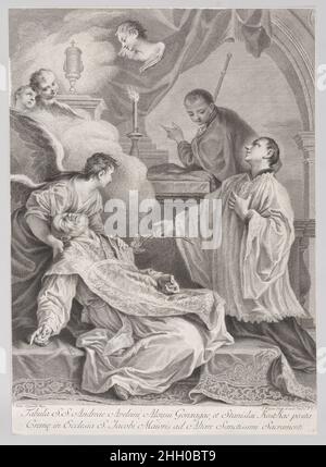 Der Tod des heiligen Andrea Avellino in Anwesenheit des heiligen Aloysius Gonzaga und des heiligen Stanislaus Kostka 1725–80 Joseph Wagner. Der Tod des heiligen Andrea Avellino in Anwesenheit des heiligen Aloysius Gonzaga und des heiligen Stanislaus Kostka. Joseph Wagner (Italienisch, Thalendorf 1706–1780 Venedig). 1725–80. Radierung und Gravur. Ausdrucke Stockfoto