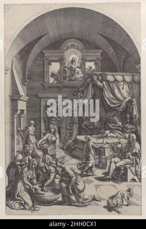 Geburt des heiligen Johannes des Täufers 1555–88 Diana Scultori. Geburt des heiligen Johannes des Täufers. Diana Scultori (Italienisch, Mantua Ca. 1535?–nach 1588 Rom). 1555–88. Gravur. Ausdrucke Stockfoto