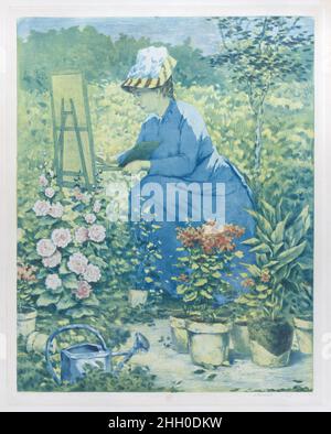 Jeanne Gonzales Malerei im Garten 1885 Henri-Charles Guérard Jeanne Gonzales, die Schwägerin (und spätere Ehefrau) des Künstlers, sitzt an einer Staffelei am Rande eines gepflegten Gartens. Guérard komponierte diesen Druck, indem er drei in Blau, Gelb und Rot eingefärbte Teller schichtet. Bei diesem Eindruck erhielten nur Teile der roten Platte Tinte, wodurch der Teint des Sitters gelber wurde als in anderen Beispielen des Endzustandes. Nach Bracquemonds „im Zoologischen Garten“ (ca. 1873), stellt diese Arbeit den nächsten großen Schritt in der Entwicklung der Farbradierung vor Mary Cassatts meisterhafter wo dar Stockfoto