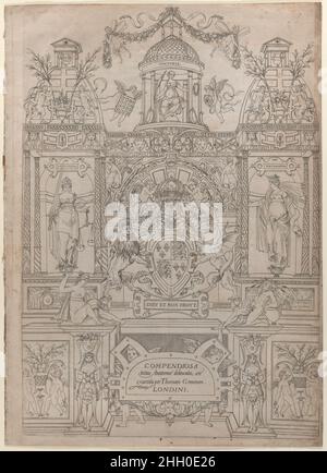 Titelseite und Widmung für die 'compendiosa totius Anatomiae delineatio' 1545 Thomas Geminus Titel- und Widmungsseite (zusammengebunden) des Anatomiebuches, das 1545 von Thomas Geminus in London veröffentlicht wurde. Das Buch reproduzierte die anatomischen Platten von Andreas Vesalius' 'De humani corporis fabrica', kombiniert mit dem Text des 'Epitoms' desselben Autors, beide 1543 veröffentlicht. Das Werk gilt als eines der ersten Beispiele für die Verwendung von Gravuren in England. Das andere Beispiel von Stichen, die der „compendiosa“ vorausgehen, finden Sie in „die Geburt der Menschheit, auch Frauenbuch genannt“, Stockfoto