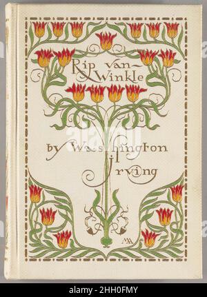 RIP Van Winkle 1899 Margaret Neilson Armstrong 'die Fotogravuren in diesem Band stammen von Entwürfen von Frederick Simpson Coburn. Die Grenzen und das Cover stammen von Miss Margaret Armstrong'--Page [iii].'die Bücher ['Legend of Sleepy Hollow' und 'Rip Van Winkle'] sind sowohl als Set als auch einzeln erhältlich und haben keine Volumenmarkierungen. RIP Van Winkle: Pp. V; 115; 7 Tafeln. Legend of Sleepy Hollow: Pp. V; 191; 8 Tafeln. Signiertes Margaret Armstrong Linienset mit 21 Tulpen und Titeln in Gold auf dunkelrotem Buckram mit 4-mal wiederholtem Tulpenmotiv auf dem Rücken mit Titeln (identi Stockfoto