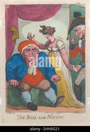 The Bull and Mouth 1808–09 Thomas Rowlandson Links sitzt ein älterer, übergewichtiger Mann auf einem Sessel. Seine Frau steht hinter ihm und bewegt sich, um Hörner über seinem Kopf zu zeigen, während sie einen Brief in die Hand eines stattlichen Militäroffiziers steckt, der rechts im Eingang steht. Der Stier und der Mund. Thomas Rowlandson (British, London 1757–1827 London). 1808–09. Handkolorierte Radierung; Nachdruck. Thomas Tegg (Großbritannien, 1776–1846). Ausdrucke Stockfoto