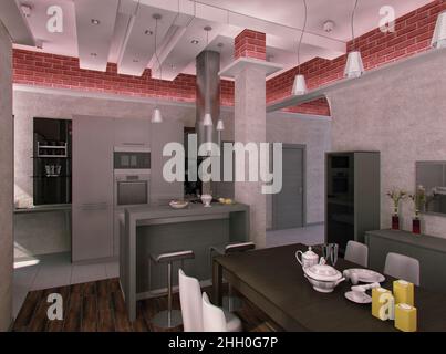 Stadthaus im Loft-Stil. Innenarchitektur Küche für zu Hause. 3D Render Küche und Wohnzimmer zur Inspiration Stockfoto