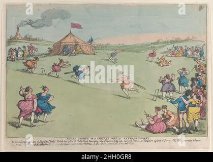 Rural Sports or a Cricket Match Extraordinary 10. Oktober 1811 Thomas Rowlandson Frauen spielen Cricket auf einem Feld in der Mitte, während Zuschauer zuschauen. Zwei rechts sitzende Mädchen nehmen die Läufe auf, indem sie Kerben in einen Stock schneiden.TEGG's Adresse wird in diesem Zustand gelöscht. Rural Sports oder ein Cricket Match außergewöhnlich. Thomas Rowlandson (British, London 1757–1827 London). 10. Oktober 1811. Handkolorierte Radierung. Thomas Tegg (Großbritannien, 1776–1846). Ausdrucke Stockfoto