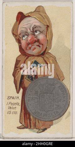 Karikierter Spanier, 1 Peseta, aus der Serie Coins of All Nations (N72, Variante 2) für Zigaretten der Marke Duke 1889, herausgegeben von W. Duke, Sons & Co. American Trade Cards aus der Serie Coins of All Nations (N72), Herausgegeben in einem Satz von 50 Karten im Jahr 1889, um W. Duke Sons & Co. Marke Zigaretten zu fördern. Es gibt zwei Varianten innerhalb der Serie. Version 1 (Variante 1) behält einen weißen Hintergrund auf den Karten und die zweite Version (Variante 2) zeigt einen schattierten Hintergrund an. Karikierter Spanier, 1 Peseta, aus der Serie Coins of All Nations (N72, Variante 2) für Zigaretten der Marke Duke. 1889. Kommer Stockfoto