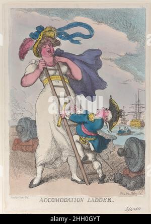 Unterkünfte Leiter September 1, 1811 Thomas Rowlandson ein älterer Marineoffizier beginnt, eine Leiter zu erklimmen, die von einer Frau mehr als doppelt so groß gehalten wird. Er hält ein Teleskop und trägt ein Band mit der Aufschrift „Tod oder Sieg“. Ein Band auf ihrem Hut ist beschriftet: "England erwartet, dass jeder Mensch seine Pflicht tut."der Name dieses Staates fehlt TEGG.. Leiter Der Unterkunft. Thomas Rowlandson (British, London 1757–1827 London). 1. September 1811. Handkolorierte Radierung. Thomas Tegg (Britisch, 1776–1846) ?. Ausdrucke Stockfoto