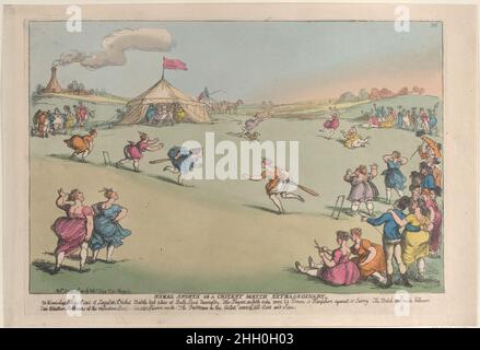 Rural Sports or a Cricket Match Extraordinary 10. Oktober 1811 Thomas Rowlandson Frauen spielen Cricket auf einem Feld in der Mitte, während Zuschauer zuschauen. Zwei rechts sitzende Mädchen zeichnen die Läufe auf, indem sie Kerben in einen Stock schneiden. Rural Sports oder ein Cricket Match außergewöhnlich. Thomas Rowlandson (British, London 1757–1827 London). 10. Oktober 1811. Handkolorierte Radierung. Thomas Tegg (Großbritannien, 1776–1846). Ausdrucke Stockfoto
