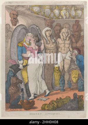 Moderne Antiquitäten 1811? Thomas Rowlandson Britisch unter einer Sammlung ägyptischer und klassischer Antiquitäten wird eine junge Frau von einem Offizier umarmt, der sie in einen Mumienfall zieht. Im Zimmer befindet sich auch ein älterer Mann mit einer Monokel, der einen Sarkophag inspiziert. Auf dem Boden steht ein offenes Buch mit der Aufschrift: 'Liebt die Götter, verbell mit Schnitten'. Moderne Antiquitäten. Thomas Rowlandson (British, London 1757–1827 London). 1811?. Handkolorierte Radierung. (?) Thomas Tegg (Großbritannien, 1776–1846). Ausdrucke Stockfoto