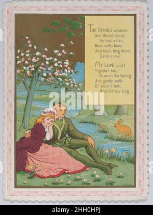 Valentine 1874 Kate Greenaway. Valentinstag. Kate Greenaway (Großbritannien, London 1846–1901 London). 1874. Weißer Kartenvorrat mit vergoldeten und abgeschrägten Rändern; Chromolithographie Stockfoto