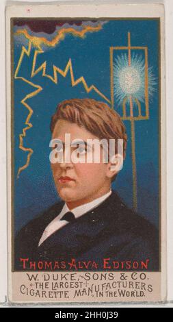 Thomas Alva Edison, aus der Serie Great Americans (N76) for Duke Brand Cigarettes 1888, herausgegeben von W. Duke, Sons & Co. Tauschkarten aus der Serie 'Great Americans' (N76), die 50 in einem Satz von 1888 Karten ausgegeben wurden, um die Marke W. Duke Sons & Co. Zu bewerben. Es gibt zwei Varianten der Beecher-Karte, eine, in der er nach links und eine, in der er nach rechts zeigt. Dies ist die nach links gerichtete Variante. Thomas Alva Edison, aus der Serie Great Americans (N76) für die Marke Duke Cigarettes. 1888. Kommerzielle Farblithographie. Herausgegeben von W. Duke, Sons & Co. (New York und Durham, N.C.) Stockfoto